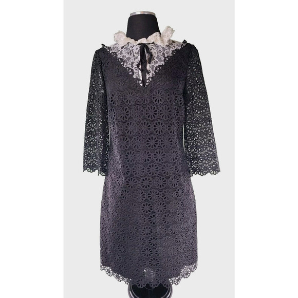 SHANI Ruffle Lace Collared Dress Women's 8 Black White Floral Applique Nun Core - Picture 1 of 9